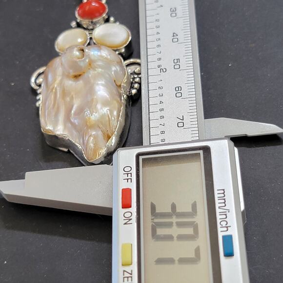 Baroque Pearl & Red Jasper Sterling Silver Pendant Necklace - Timeless Elegance - Picture 7 of 10